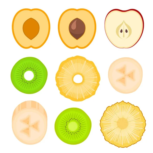 Set Fruit Slices White Background Pineapple Apple Peach Kiwi Banana — Stock Vector