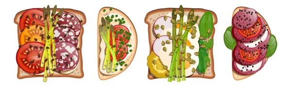 Set Toast Asparagus Salami Sausage Ham Traditional Food Snack Breakfast — Stok Vektör