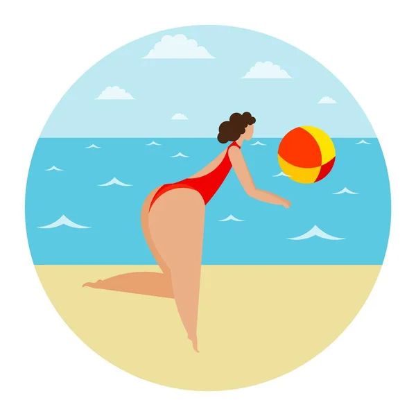 Chica Voleibol Playa Arena Mujer Estilizada Playa Jugando Pelota Ilustración — Vector de stock