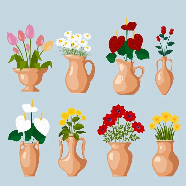 一套用于装饰和室内设计的粘土花瓶 鲜花盛开 洋甘菊 郁金香 向量例证 — 图库矢量图片