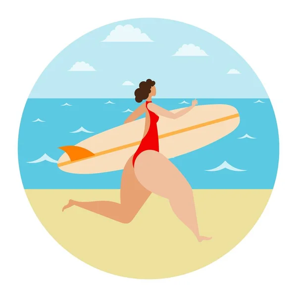 Young girl running along the sand on the seashore with a surfboard. Woman surfing summer summer vacation. Recreation and sport. Vector illustration