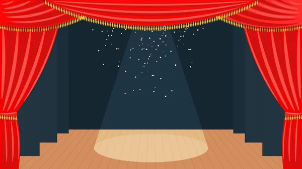 Theater Stage Red Curtain Golden Fringe Spotlight Wooden Floor Theatrical — Stock Vector