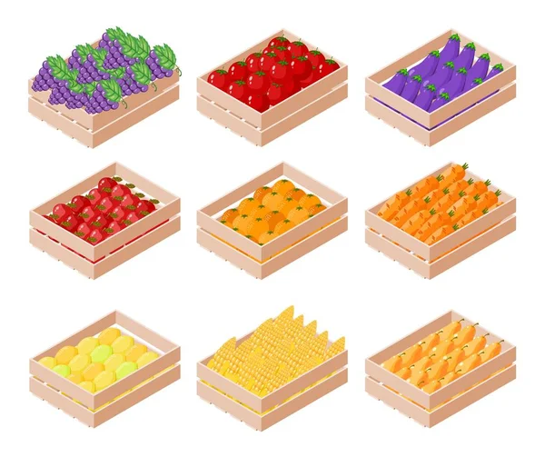 Conjunto Caixa Isométrica Com Frutas Legumes Sobre Fundo Branco Maçã — Vetor de Stock
