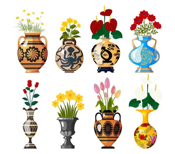 Set Old Antique Amphoras Blooming Flowers Decoration Interior Design White — Stockvector