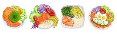 Poke kase beyaz arka plan üzerinde ürünlerle kümesi Hawaii trend gıda geyik pirinç avokado yumurta yosun baharat salatalık domates vektör hisse senedi illüstrasyon izole