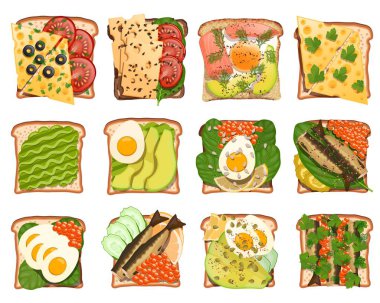 Tost aperatifler sandviç beyaz arka plan yalıtılmış nesne kümesi. Öğle yemeği yemek için yemek toplama aperatifler avokado, somon, çaça, havyar, dereotu, yumurta, peynir, domates ile. Hisse senedi vektör çizim