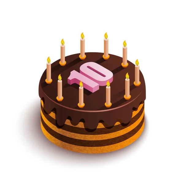 白色背景上的等距蛋糕 圆形巧克力蛋糕与蜡烛和粉红色的数字10在顶部 节日的食物生日假期 向量股票例证 — 图库矢量图片