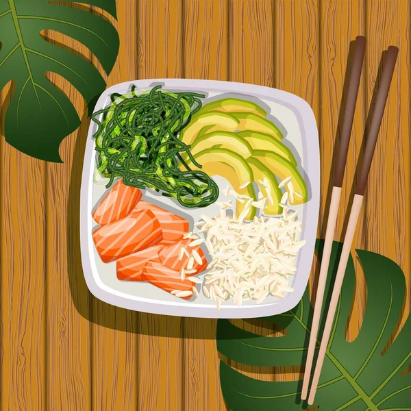 白い正方形のポケ丼サーモン アボカド 熱帯の葉を持つ木製の背景に海ケール トレンドのハワイ料理 健康食品のベクトル イラスト — ストックベクタ