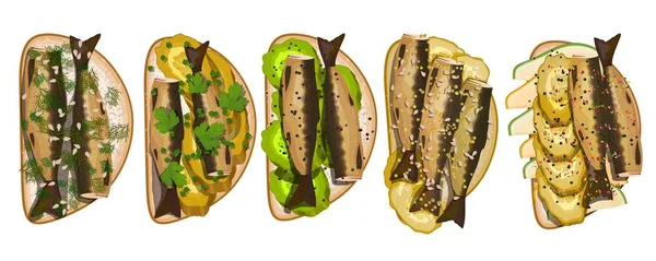 Set Bocadillos Con Espadines Con Eneldo Especias Pepino Aguacate Perejil — Vector de stock