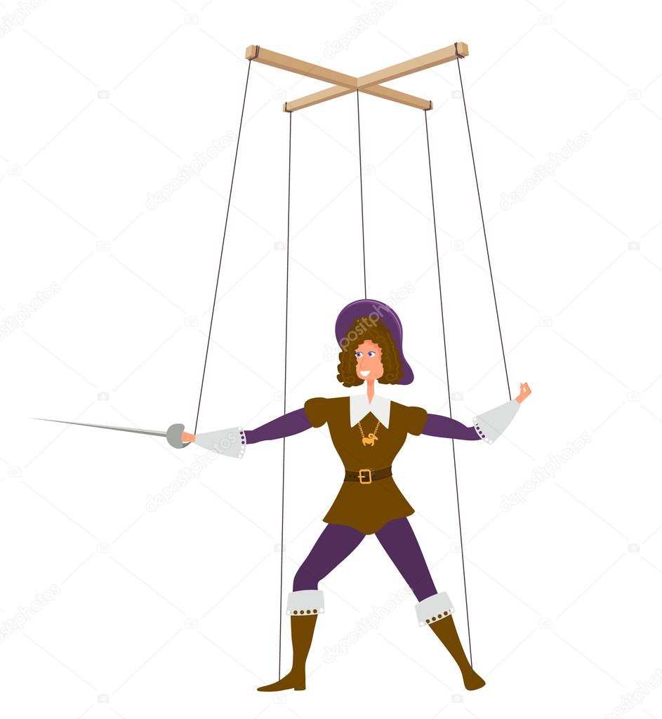 Doll marionette prince with a sword on a white background. Element of children's puppet theater. Child's toy, theatrical doll. Vector illustration