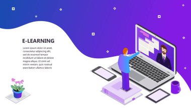 Açılış sayfası şablon Online Eğitim Modern düz tasarım konsepti için Web sitesi ve mobil web sitesi Laptop kitap, web sayfası Tasarım / Kupası tablo ve öğrenci vektör çizim üzerinde kafa telefonları, telefon 