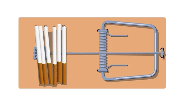 タバコと平らな木製のネズミ捕り 依存性の概念とタバコとタバコの危険性を使用します ベクトル図 — ストックベクタ