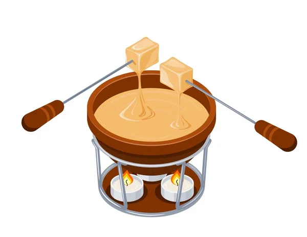 Fondue Pot Brun Style Isométrique Avec Fromage Fondu Fourchettes Avec — Image vectorielle