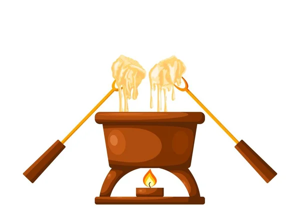 Fondue Frasco Marrón Con Queso Derretido Tenedores Ensartados Con Pan — Vector de stock