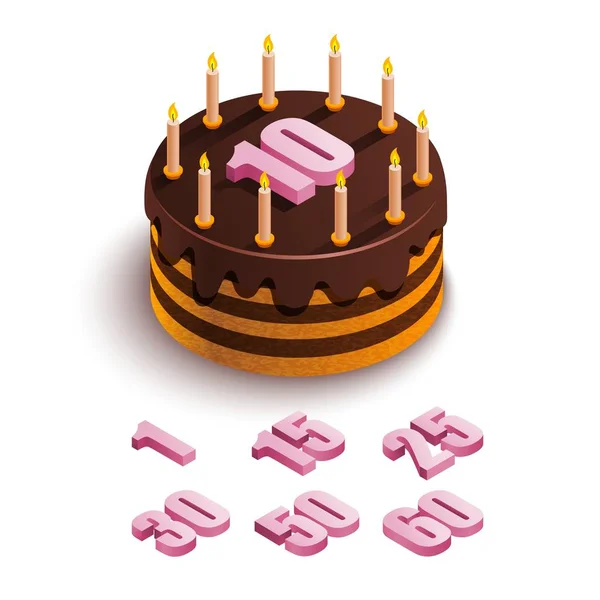 白色背景上的等距蛋糕 圆形巧克力蛋糕与蜡烛和粉红色的数字10和其他数字在顶部 节日的食物生日假期 向量股票例证 — 图库矢量图片