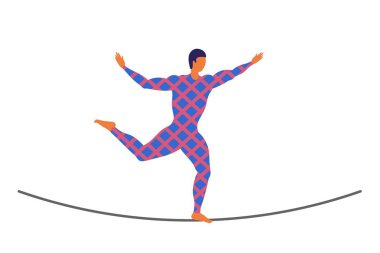 Beyaz bir arka plan üzerinde uzun bir halat üzerinde vektör ropewalker walker. Tek parça streç Giysi, sirk sanatçısı karşı funambulist. Genç bir ip dansçı figürü. Sirk illüstrasyon vektör tel-dansçı