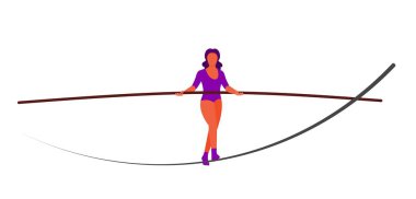 Beyaz bir arka plan üzerinde uzun bir halat üzerinde vektör ropewalker walker. Tek parça streç Giysi, sirk sanatçısı karşı funambulist. Genç bir ip dansçı figürü. Sirk illüstrasyon vektör tel-dansçı