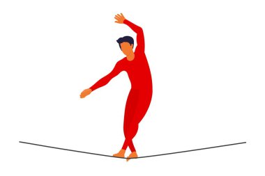 Beyaz bir arka plan üzerinde uzun bir halat üzerinde vektör ropewalker walker. Tek parça streç Giysi, sirk sanatçısı karşı funambulist. Genç bir ip dansçı figürü. Sirk illüstrasyon vektör tel-dansçı