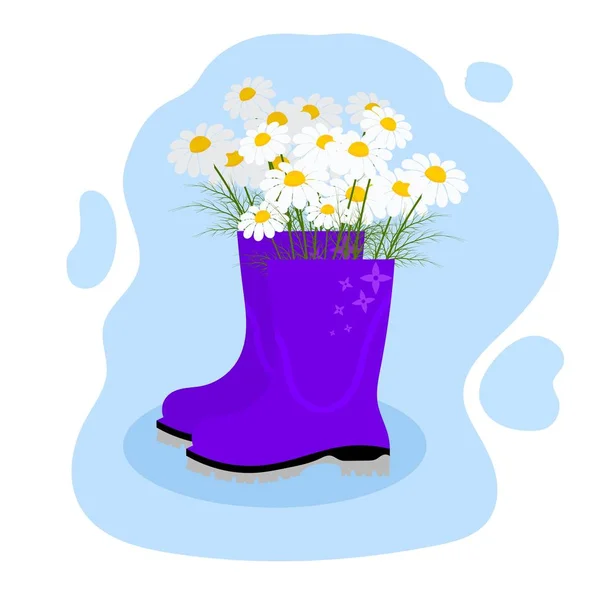 Bota de goma de color con flores en el interior sobre un fondo de color. El concepto de primavera y la naturaleza floreciente. Ilustración vectorial — Vector de stock