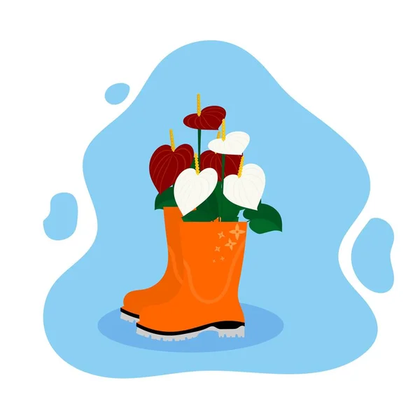 Farbige Gummistiefel mit Blumen drinnen auf farbigem Hintergrund. das Konzept des Frühlings und der blühenden Natur. Vektorillustration — Stockvektor