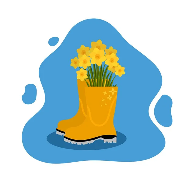 Bota de goma de color con flores en el interior sobre un fondo de color. El concepto de primavera y la naturaleza floreciente. Ilustración vectorial — Vector de stock