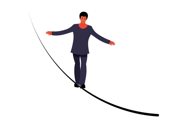 Vector ropewalker caminante en una cuerda larga sobre un fondo blanco. Equilibrando funambulista en maillot, artista de circo. La figura de un joven bailarín de cuerda floja. Circo ilustración vector wire-dancer — Archivo Imágenes Vectoriales