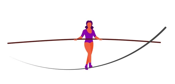 Vector ropewalker walker on a long rope on a white background. Balancing funambulist in leotard, circus artist. The figure of a young tightrope-dancer. Circus illustration vector wire-dancer — Stock Vector