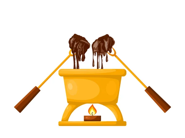Vector Chocolate fondue with a candle on a white background. Cap — Stock Vector