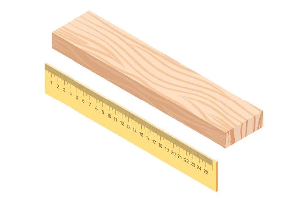 Barra di legno con righello su sfondo bianco. Legname e strumenti di misura. Illustrazione vettoriale — Vettoriale Stock