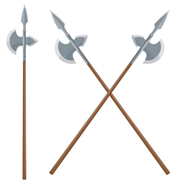 Ilustração vetorial de dois halberds cruzados sobre um fundo branco. Armas antigas afiadas. Artigos de equipamento de combate vintage — Vetor de Stock