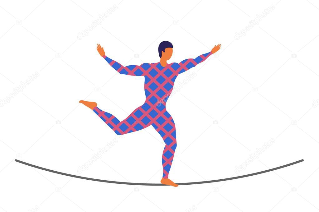 Vector ropewalker walker on a long rope on a white background. Balancing funambulist in leotard, circus artist. The figure of a young tightrope-dancer. Circus illustration vector wire-dancer