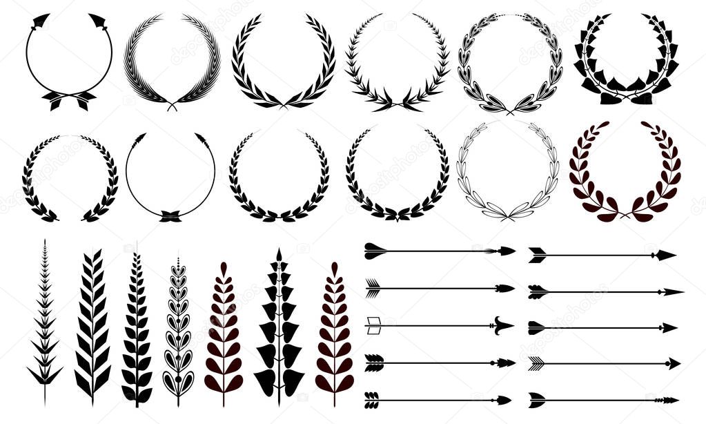 Set of design elements. Arrows, wreaths, floral elements. Vector