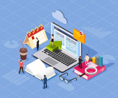 Mavi bir arka planda iş takım çalışması vektör kavramı. Laptop, insanların rakamlar, işaretler ve iş ve medya sembolleri. Vektör Illustration