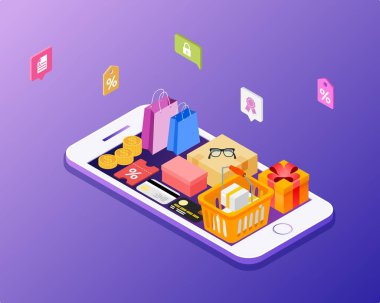 Online Alışveriş vektör illüstrasyon kavramı. Ticaret ve satış simgeleri unsurları ile mor bir arka plan üzerinde smartphone. Akıllı telefonun monitörde Çantalar, kutular, hediyeler, alışveriş sepeti