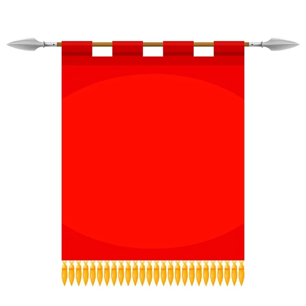 Vector illustration of a red flag hanging from a golden pole on a white background. Heraldic symbol knight of glory. Sign of nobility. Banner with empty space. Banner in the medieval style — Stock Vector