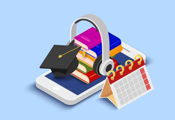 Abstract concept illustration of a smart phone with books, head phones,  calendar and a student cap. Remote learning. E-learning. Vector illustration Vector Graphics