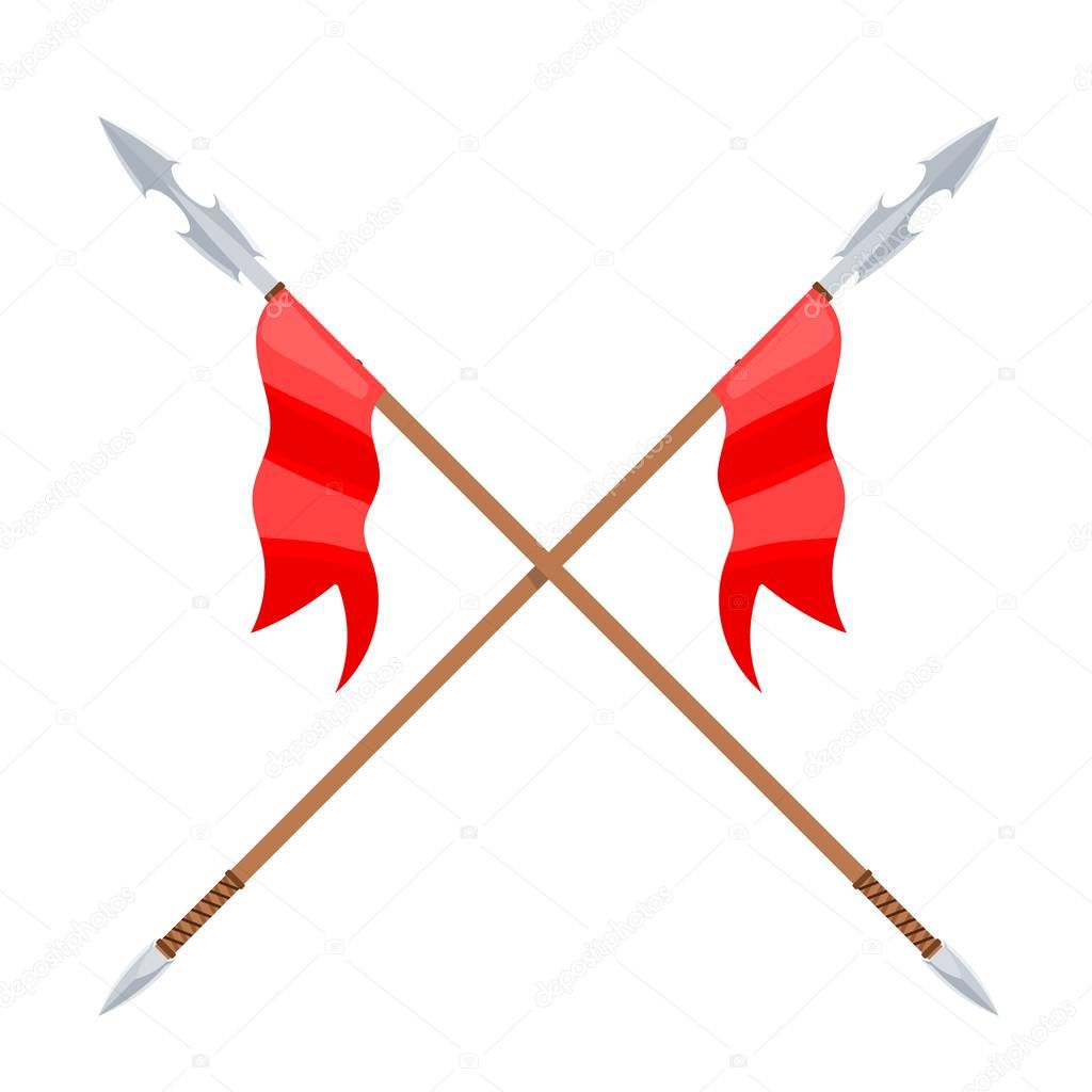 Two spears with red  flag on a white background. Vector illustration of a heraldic sign - crossed spears and flag. Cartoon vector illustration