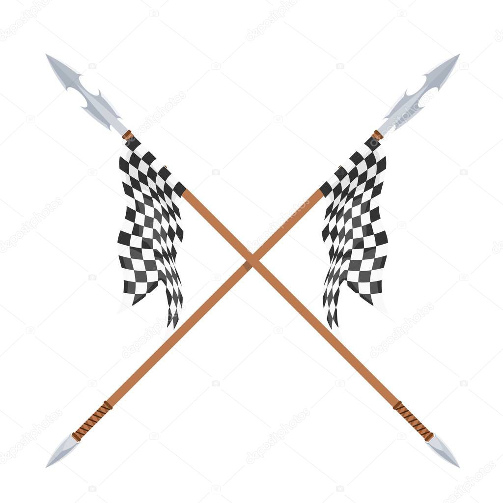 Two spears with flagon a white background. Vector illustration of a heraldic sign - crossed spears and flag. Cartoon vector illustration