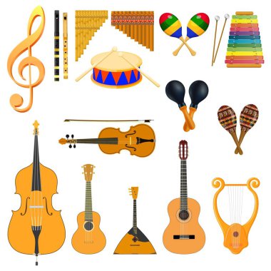Beyaz bir arka planda karikatür müzik aletleri ayarlayın. Gitar, keman, davul, flüt, xylophor, Maracas, lira. Vektör Illustration