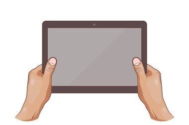 Beyaz bir arka planda, bir tablet tutan iki insan elin grafik çekmeceler. Vektör Illustration