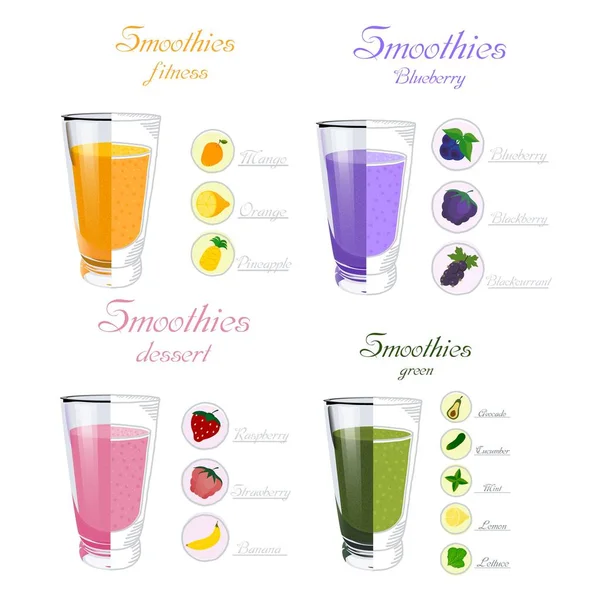 Set of glass cups with smoothies with ingredients on a white background. Diet summer food. Healthy diet. Fruit and vegetable smoothies. Vector illustration — Stock Vector