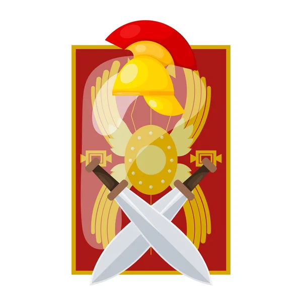 Scudo, spada, elmo di un antico soldato romano. Arma leggendaria su sfondo bianco. Illustrazione vettoriale — Vettoriale Stock