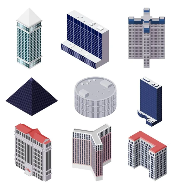 Set vettoriale di case a molti piani su sfondo bianco. Modelli isometrici di edifici, alberghi e casinò. Illustrazione vettoriale delle case di tendenza — Vettoriale Stock