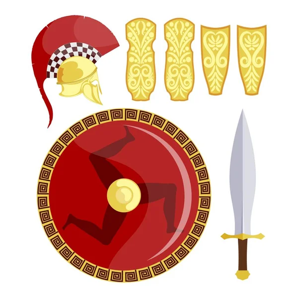 Греческий щит, меч, доспехи и шлем на белом фоне. Античное оружие греческого гоплита. Векторная иллюстрация — стоковый вектор