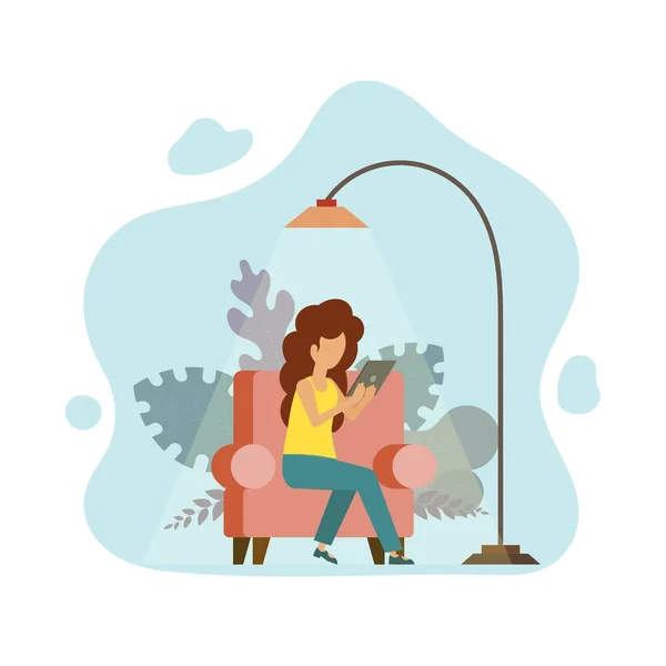Jong meisje met een Tablet op een rode stoel thuis. Huiswerk jonge freelancer. Vector illustratie van moderne technologie, werk en studie — Stockvector