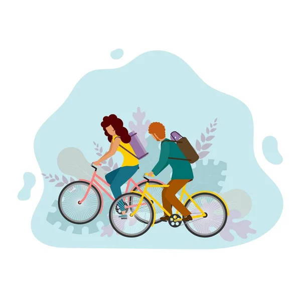 葉っぱを背景に自転車に乗った男と少女。トレンド描画サイクリング。イラスト 若者の健康的なライフスタイル。歩く恋人のベクトルイラスト — ストックベクタ