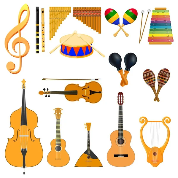 Conjunto de instrumentos musicais de desenhos animados sobre fundo branco. Guitarra, violino, tambor, flauta, xilofone, maracas, lira. Ilustração vetorial — Vetor de Stock