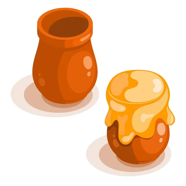 Een set van klei aardewerk vaten. Vat met honing. Een collectie potten op een witte achtergrond. Vector illustratie — Stockvector