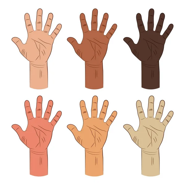 En uppsättning mänskliga händer med fingrarna upp. Händer med olika hudfärg. En samling händer med människor av olika raser. Vektor illustration — Stock vektor