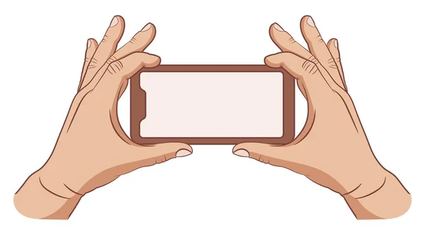 Twee menselijke handen van Europese mannen die houden van een mobiele telefoon op een witte achtergrond geïsoleerd object vector illustratie — Stockvector